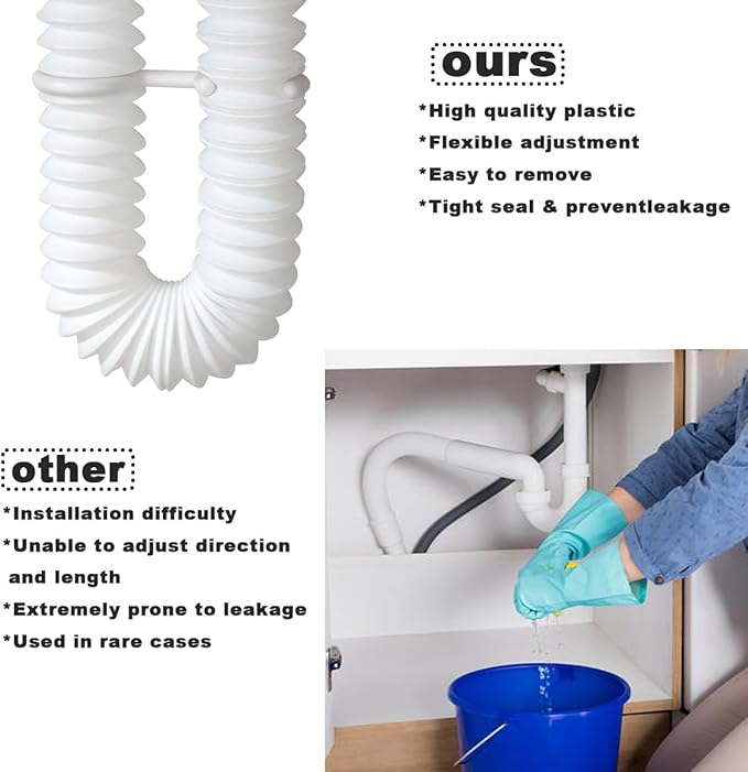 White Flexible Expandable Bathroom P Trap, 1 1/4 to 1 1/2 Sink Drain Adapter Included, Wash Basin Rubber Tips Sink Drain Pipe, Universal Extension Tube for Kitchen Bathroom Sink Sewer Drain
