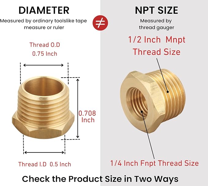 1/2 Inch NPT Male x 1/4 Inch NPT Female Brass Pipe Fitting, Hex Bushing, Reducer Adapter (10 Piece)