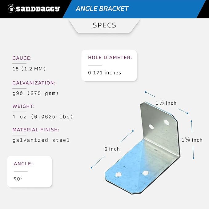 Sandbaggy 2" x 1-1/2" x 1-3/8" Galvanized Angle Bracket (90°) - 18 Gauge Steel - Rust Resistant (2" x 1-1/2" x 1-3/8", 10000, Count)
