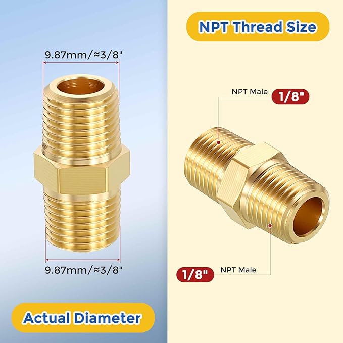 10 Pack Brass Pipe Fittings, 1/8" NPT Male to 1/8" NPT Male Brass Hex Nipple, Male Pipe Adapter Reducer for Air, Oil, LP