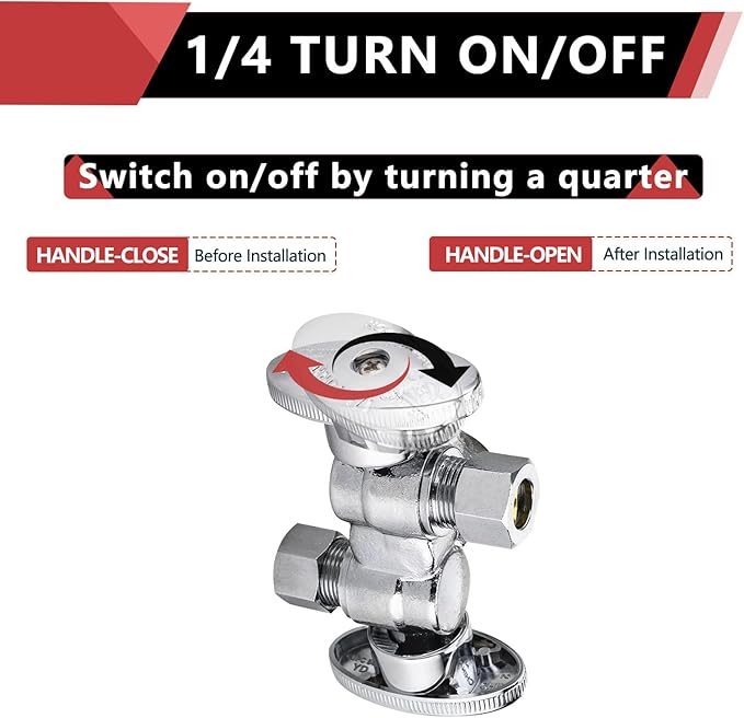 100-Pack EFIELD 1/4 Turn Dual Compression Outlet Angle Stop Valve with 2 Shut Off Valve/Handles, 1/2" Fip Iron Pipe x (3/8 inch x 3/8 inch) Chrome Plated,(VALVE140-100PCS)