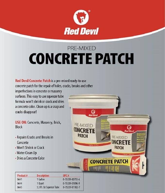 Red Devil 0644 Concrete Repair Patch, Cement Crack Fillter, Pre-Mixed, 1 Quart, Pack of 1, Gray, Made in USA