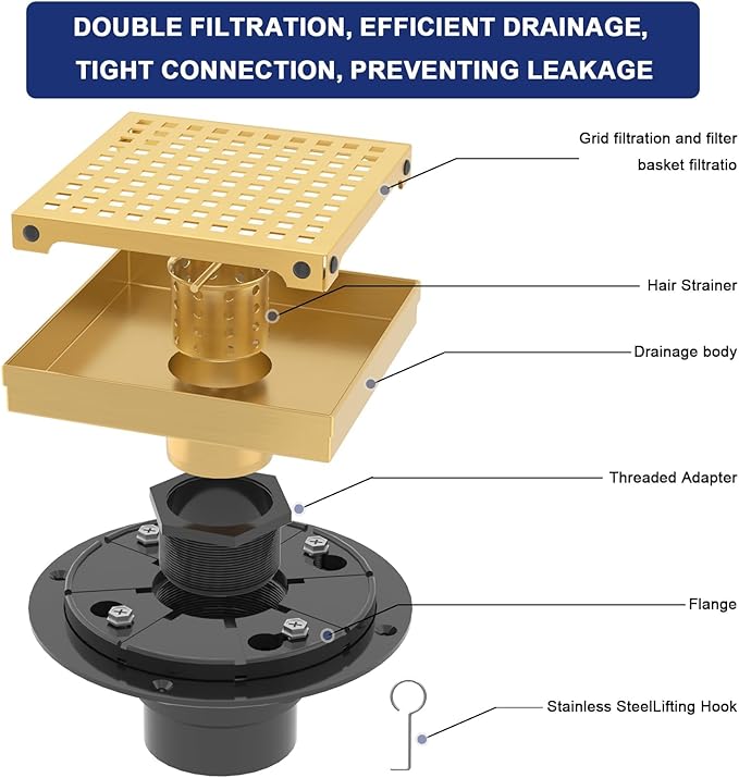 6 Inch Square Shower Drain | Brushed Gold Shower Drain with Flange, Hair Strainer & Removable Grid Cover, AISI 304 Stainless Steel Shower Floor Drain, in Bathroom, Kitchen, Balcony etc