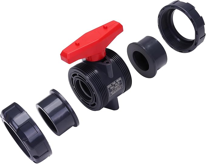 DERNORD PVC True Union Ball Valve NPT Threaded with Full Port, EPDM O-Rings, and Reversible PTFE Seats, Rated at 200 PSI (2 Inch NPT Threaded)