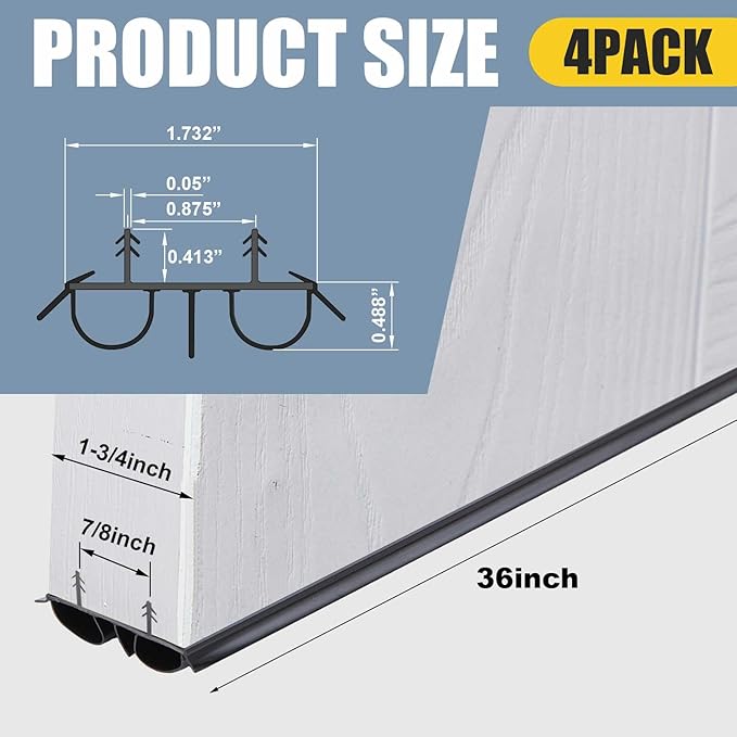 4 Pcs 36" Double Bubble Kerf Door Sweep 1-3/4" Wide Vinyl Weatherstrip Seal for Exterior Doors, Energy Efficient Draft Stopper, Easy Slide in Installation, Blocks Dust/insects/noise (Black)
