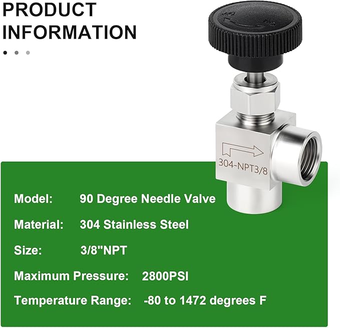 TAISHER 1PCS 304 Stainless Steel 90 Degree Needle Valve 3/8" Female NPT For Flow Control Water Gas Oil With Nipple