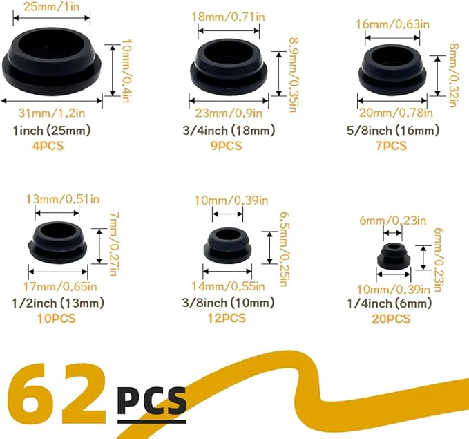 62PCS 6 Sizes Rubber Plugs for Round Holes,Silicone Plug Black 1" 3/4" 5/8" 1/2" 3/8" 1/4" with Snap Locking, Silicone Stoppers Plugs Suitable for Car Auto Wiring Furniture