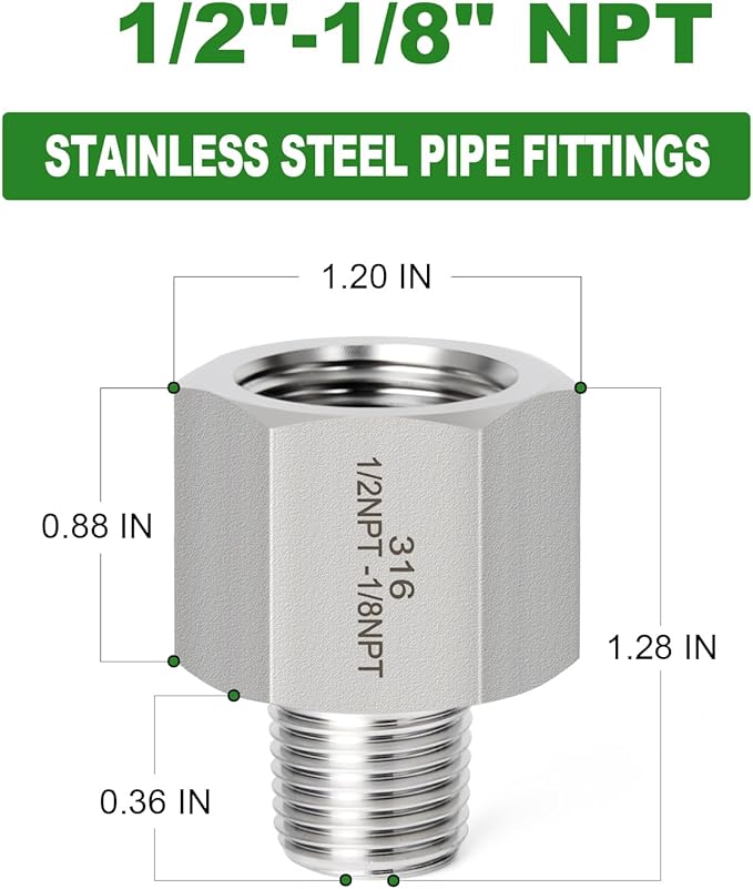 TAISHER 2PCS Forging of 316L Stainless Steel Pipe Fitting, Reducer Adapter, 1/8" NPT Male x 1/2" NPT Female, Reducing Pipe Adapter Fitting
