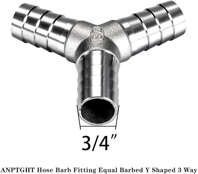3/4" Hose Barb Fitting Equal Barbed Y Shaped 3 Way Wye Stainless Steel Tubing Joint Splicer Mender Adapter Union for Oxygen Tubing Pipe Household Fuel Gas Liquid Air with 3pcs Hose Clamps