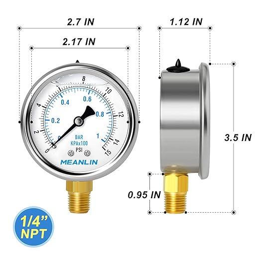 MEANLIN MEASURE 0~15Psi Stainless Steel 1/4" NPT 2.5" FACE DIAL Liquid Filled Pressure Gauge WOG Water Oil Lower Mount, with 1/4" x 1/2" NPT and 1/4" x 3/8" NPT Hex Bushing