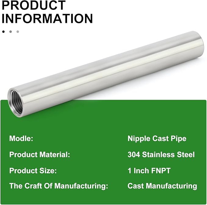 TAISHER 2PCS Stainless Steel Pipe Fittings, 1" NPT x 1" NPT Female Threaded, 8" Length Nipple Cast Pipe