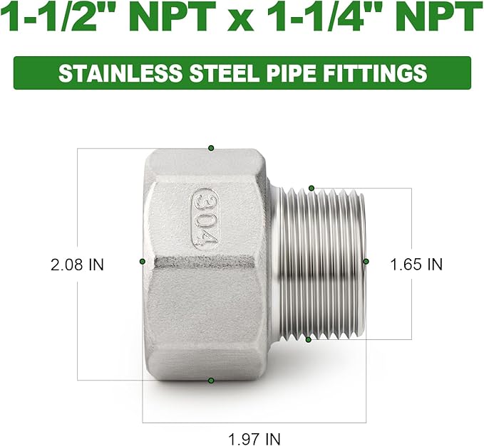 TAISHER 2PCS 304 Stainless Steel Pipe Fitting, Reducer Adapter, 1-1/4" NPT Male x 1-1/2" NPT Female
