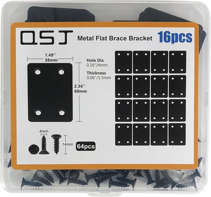 QSJ 16 Pack Black Flat Mending Plate 2.36x1.49'', Stainless Steel Bracket, Straight Metal Brace Bracket, Fixing Joining Plate for Wood Furniture Fastening & Fixing