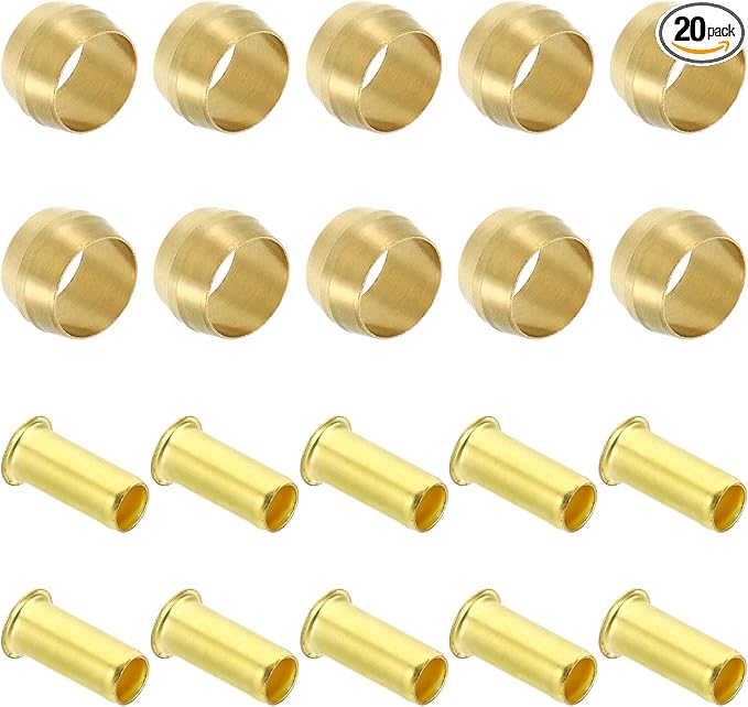 PATIKIL Brass Compression Sleeves Ferrules for 5/16 Inch OD Hose Tube, 20 Pack Brass Ferrule Brass Compression Insert Fitting Assortment Kit for Air Water Gas Pipe