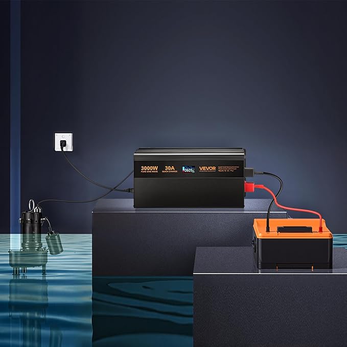 VEVOR Sump Pump Battery Backup System, 3000W, Auto Switches to Battery Inverter for Continuous Sump Pump Operation, Pure Sine Wave, LCD Display, for Basement Protection Emergency and Power Outage