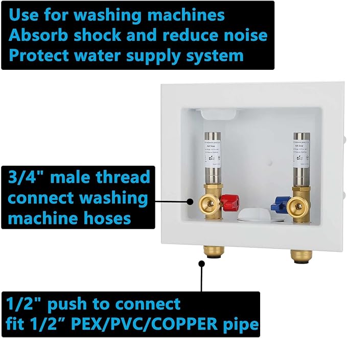 (1 Pack) Lidertik Washing Machine Outlet Box Push to Connect with Hammer Arrestors and Center Drain, Inlet 1/2 inch Push to Connect x Outlet 3/4 inch Male Thread, Absorb Shock And Reduce Noise 651-11