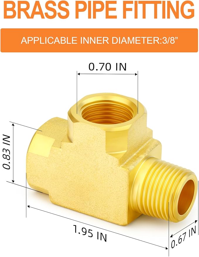 GASHER 1Pc Brass Tee Fitting, 3/8" FNPT x 3/8" FNPTx 3/8" MNPT Pipe Fittings, Male Run Tee
