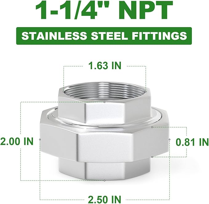 TAISHER 1PCS 304 Stainless Steel Union，1-1/4" NPT Female Cast Pipe Fitting