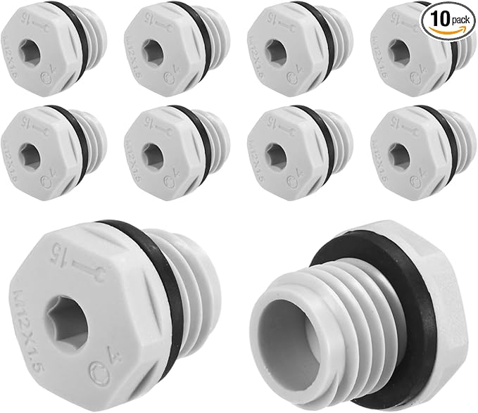 10-Pack Inner Hex Head Pipe Plug End Cap, M12x1.5mm Nylon Garden Hose Stopper Connector Plug with Sealing Ring for Terminating Pipe Ends [White]