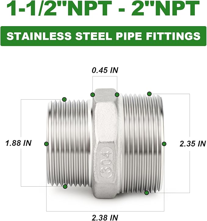 TAISHER 2PCS Cast 304 Stainless Steel Hex Nipple, Reducer Pipe Fitting 2" NPT Male x 1-1/2" NPT Male