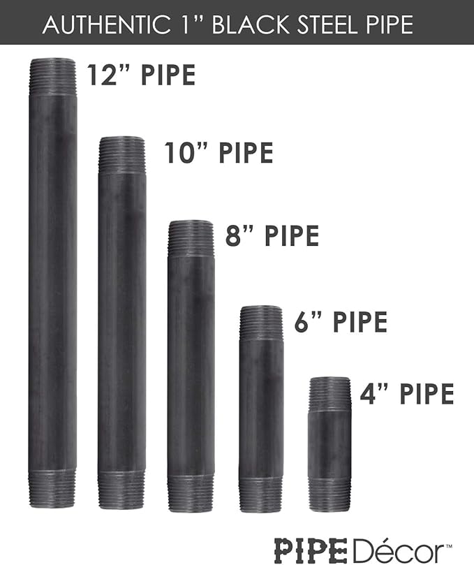 PIPE DECOR 1" x 10" Black Steel Plumbing Pipe, 6-Pack, Pre Cut Connector, Industrial Steel Grey Fits Standard One Inch Threaded Black Malleable Iron Fittings, Build Vintage DIY Furniture