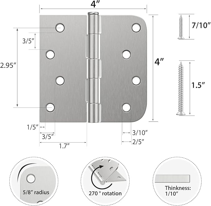 HOSOM 3 Pack Brushed Nickel Exterior Door Hinges 4 Inch, 5/8" Radius, Removable Pin, Perfect for Heavy-Duty Front & Back Door, Antirust & No Squeaks