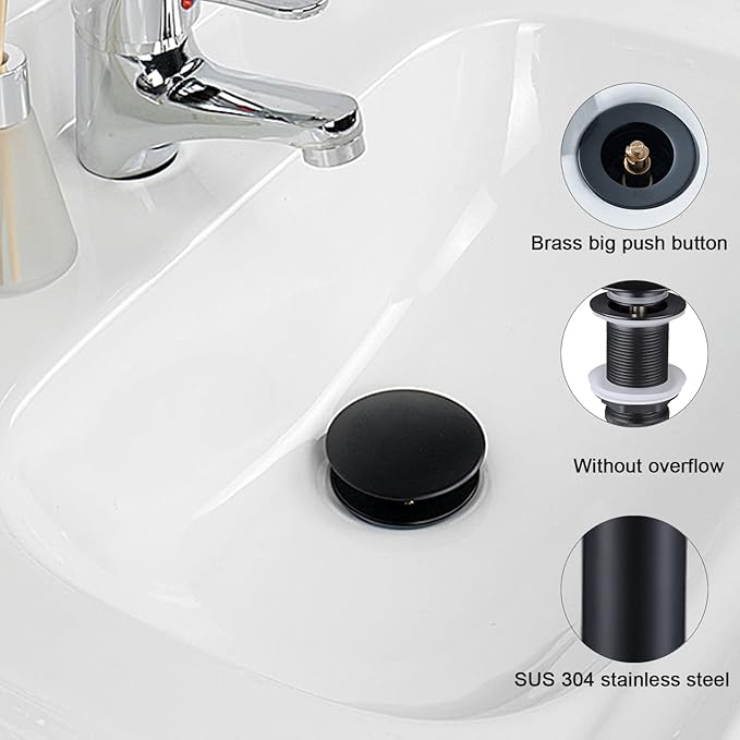 Pop Up Sink Drain Without Overflow, Bathroom Sink Push Pop Up Assembly Vessel Sink Drain Without Overflow. (Matte Black)