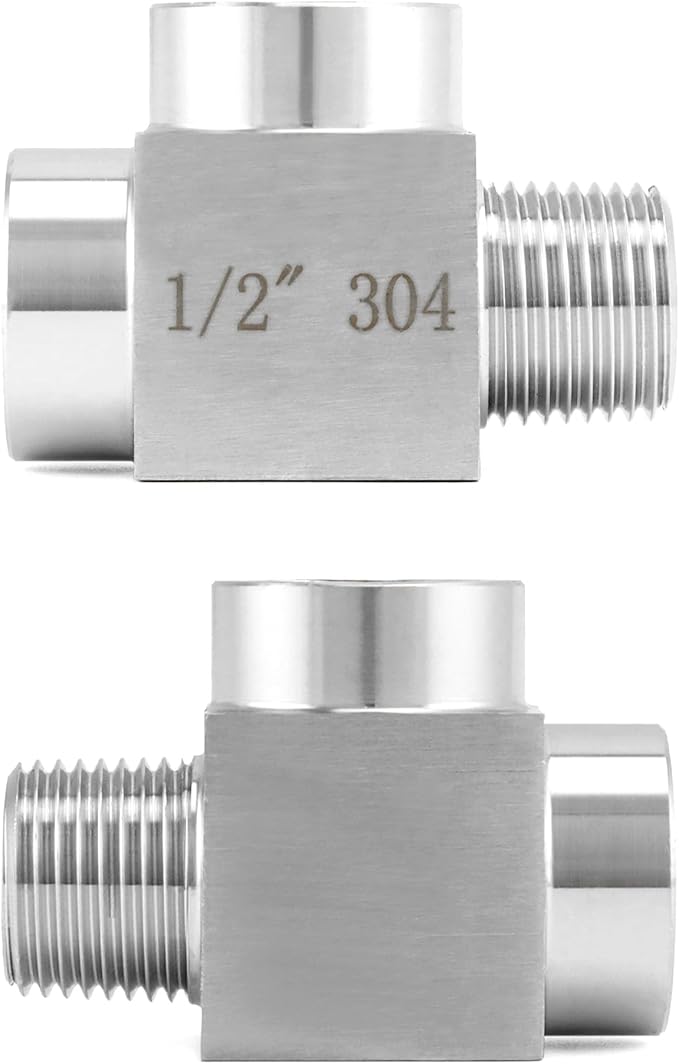 QWORK Stainless Steel Pipe Fitting - 304 Grade, Street Tee, Male Run Tee, 1/2" NPT Male x 1/2" NPT Female x 1/2" NPT Female
