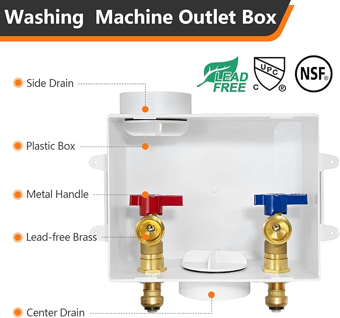 1-Pack HeSun Washing Machine Outlet Box, 1/2 Inch Push-Fit Inlet x 3/4 Inch MHT Outlet Connection, Push to Connect Pex Laundry Washer Box with Center Drain(WM005)
