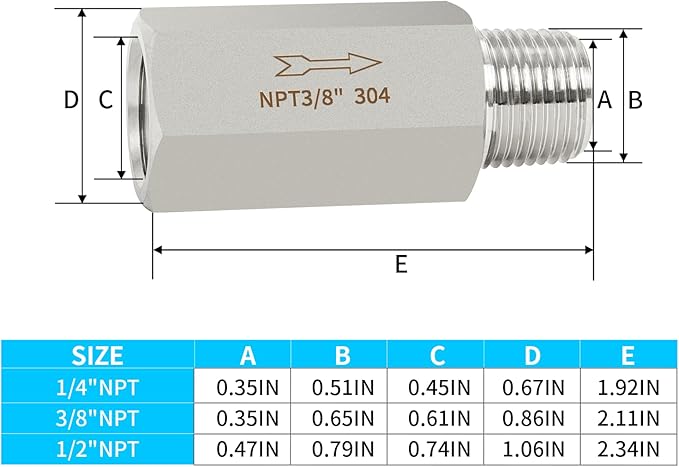 ChillWaves 304 Stainless Steel In-Line Siamese Check Valve 3/8" NPT Male x 3/8" NPT Female Thread, One-Way Non-return Check Valve，Prevent Water Back-flow(1-PACK)