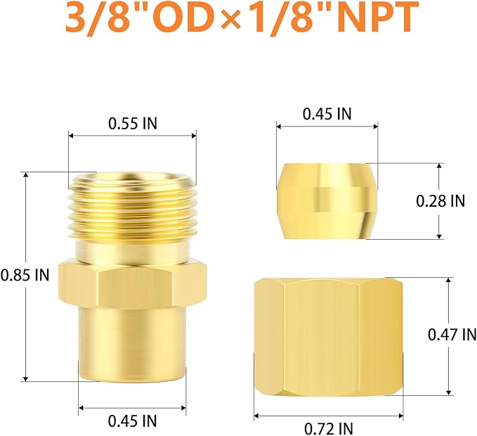GASHER 10PCS Brass Compression Union Tube Pipe Fitting Connector, 3/8" Tube OD x 1/8" NPT Female Connector