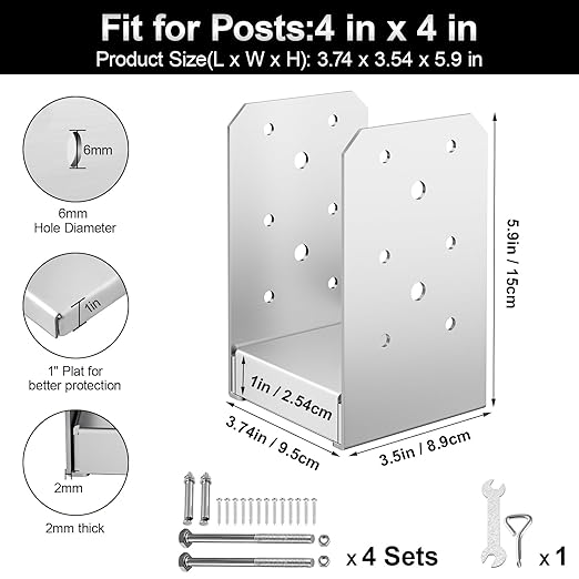 4"x 4" Post Base, 4Pcs Stainless Steel Adjustable Post Anchor Bracket(Internal 3.5 x 3.5), Adjustable Post Base for Pavilion Deck Porch Handrail Railing Support Decorative Anchor Plate
