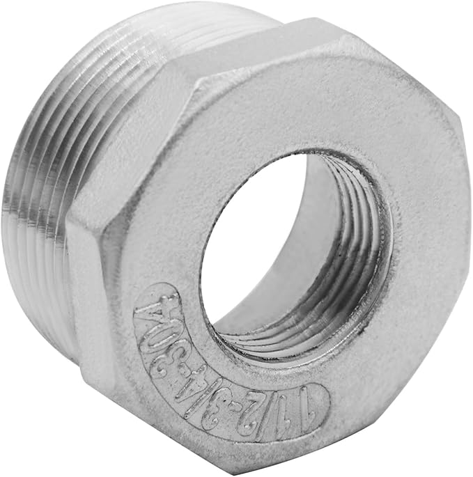 Stainless Steel 1-1/2" NPT Male to 3/4" NPT Female Reducer Hex Bushing Pipe Fitting Adapter (Pack of 2)