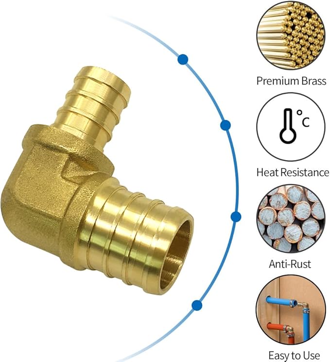 Hooshing 6PCS 3/4" Pex x 1/2" Pex Reducing Elbow 90 Degree PEX Fitting Solid Brass Barb Crimp Fittings