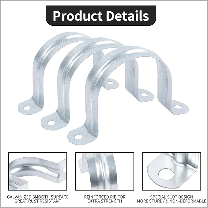 3 Inch Reinforced Rigid Pipe Strap, 2 Holes U Bracket Cable Clamp Hanger, Zinc Coated Tension Tube Clip, Conduits Strap Clamps for Pipe Fixing on Various Surfaces, 10 PCS(75 mm)
