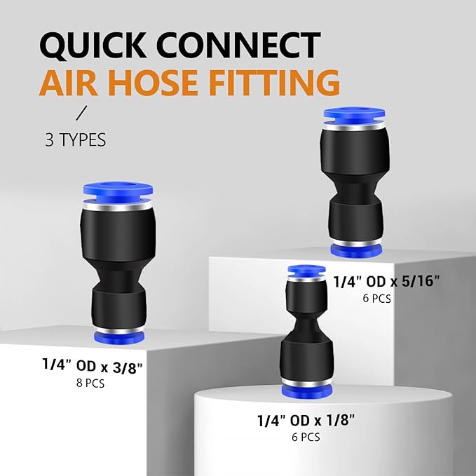 mankk 20PCS Reducer Push to Connect Fittings 3 Sizes 1/4" OD x 3/8" 5/16" 1/8"OD Quick Connect Air Hose Fittings Straight Reducer Union Reducing Coupler