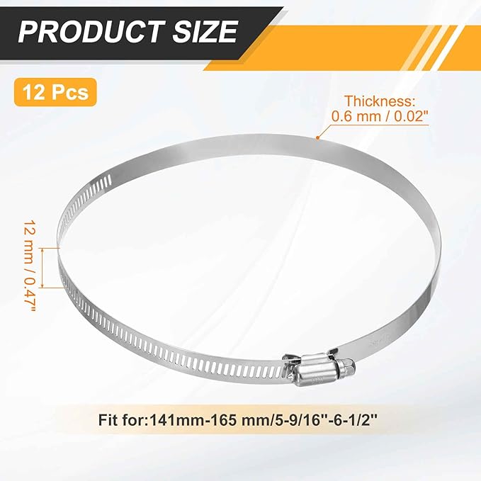 HARFINGTON 12 Pcs Hose Clamp 5-9/16"-6-1/2" (141-165mm) 304 Stainless Steel Adjustable Worm Gear Hose Clamp with Phillips Screw Assortment Kit for Fuel Line Pipe Plumbing Automotive Tube