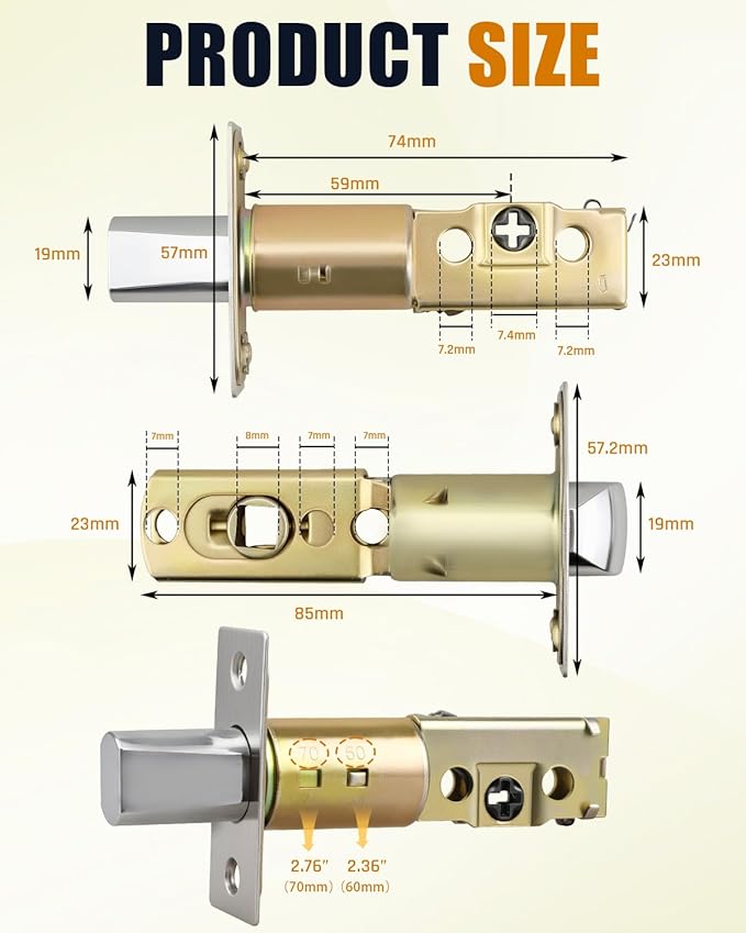 Adjustable Deadbolt Lock Latch 2-3/8" & Adjustable Door Knob Latch 1-3/8", for Lever Door Handles Inner Door Handles, Square Interface, Universal Door Lock Replacement Parts