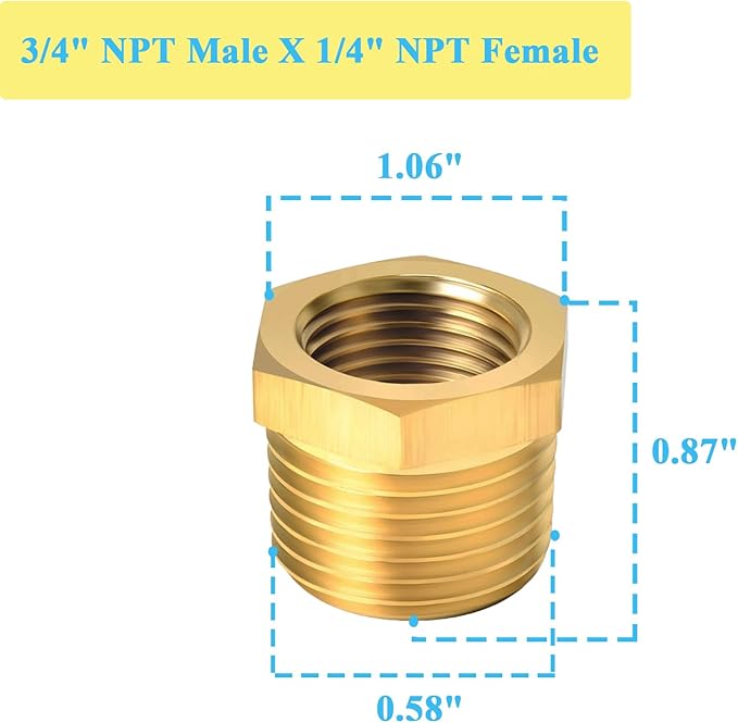 6 PCS Brass Reducer Hex Bushing Threaded Pipe Fitting 3/4" NPT Male x 1/4" NPT Heavy Duty Brass Fitting Pipe Hose Tube Adapter Convert
