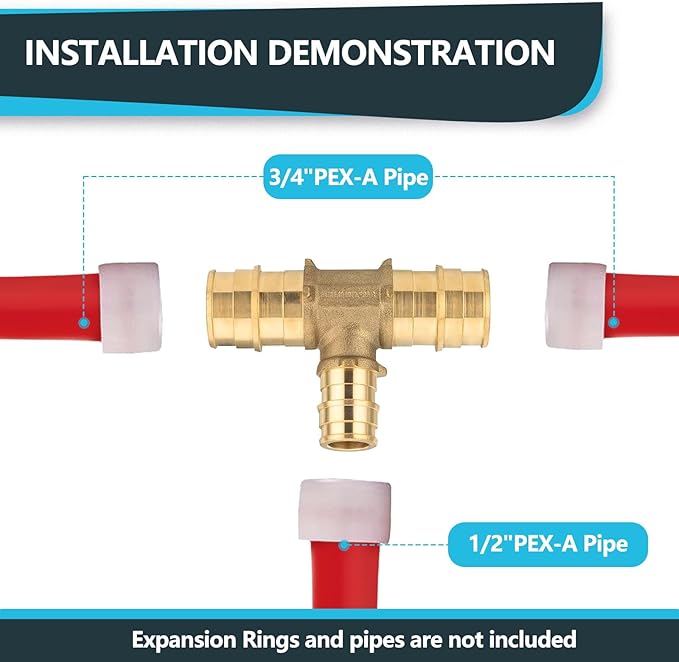 (100-Pack) Seelink PEX-A Fitting, 3/4" x 3/4" x 1/2" Expansion Tee, Brass Fittingg Tee, ASTM F1960(PEX1960120-100Pack)
