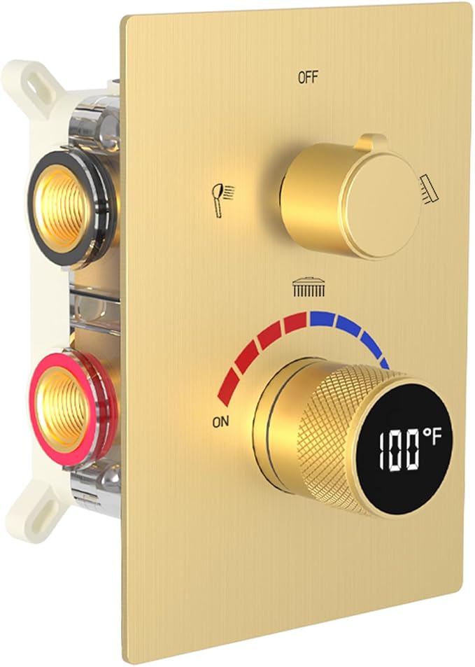 Shower Mixing Valve with Brushed Gold Trim Kit, 3 Way Shower Diverter Digital Brass Valve Body Temperature Display Mixer for Shower Faucets