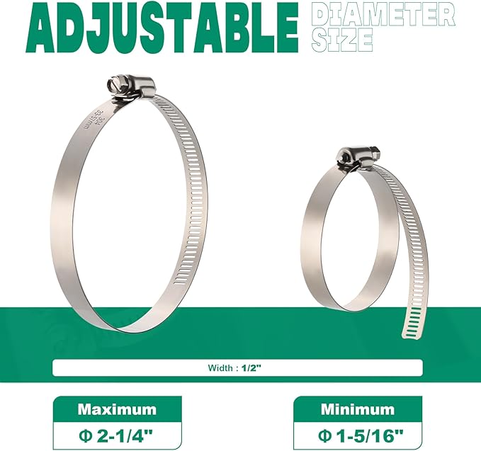 10PCS Hose Clamps Stainless Steel Adjustable 1-5/16"–2-1/4"(33-57mm) Worm Gear Hose Clamp, Heavy Duty Metal Small Hose Clamps for Automotive, Pipe, Radiator Plumbing, Fuel Line