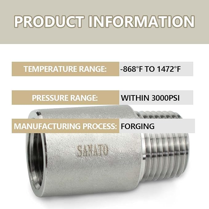 SANATO 3 Pcs SS 304 Forging Nipple Cast Piple, 1/2" NPT Male x 1/2" NPT Female Threaded, 50mm Piple Fittings