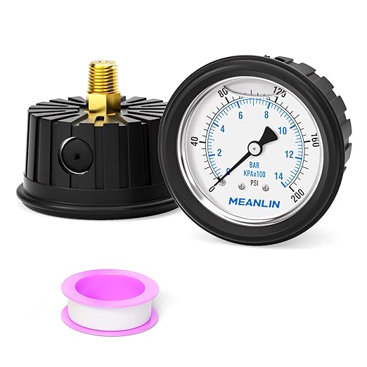 MEANLIN MEASURE 0~200Psi Stainless Steel Liquid Filled Pressure Gauge 1/4" NPT 2.5" FACE DIAL with Rubber Protective Sleeve, Center Back Mount