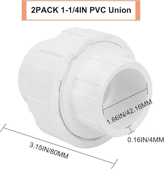 2Pcs 1-1/4" PVC Union Coupling Pipe Fitting (Socket x Socket) 1.25Inch PVC Slip Union PVC Adapter Coupling Schedule 40, EPDM O-Ring, White