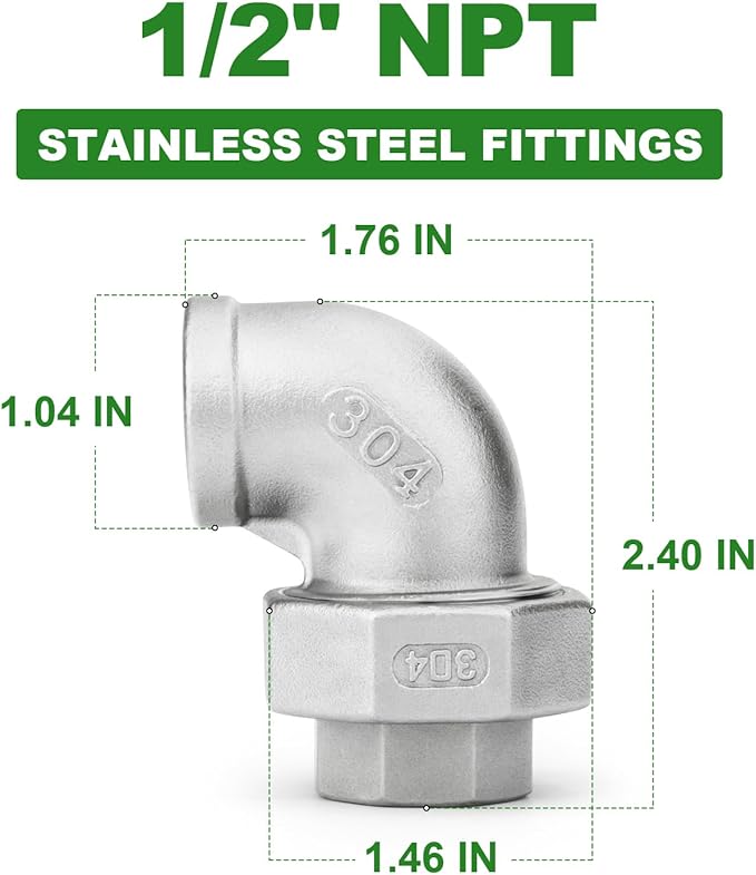 TAISHER 1PCS 304 Stainless Steel 90 Degree Elbow Union，1/2" NPT Female x 1/2" NPT Female Cast Pipe Fitting