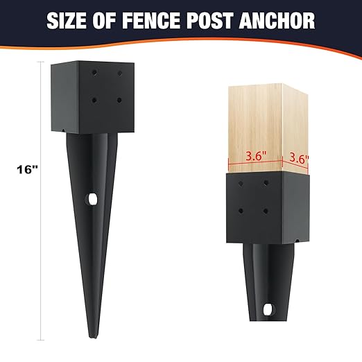 4 Pcs 4x4 Fence Post Anchor Ground Spike16(Inner Size 3.6"x3.6") Black Powder Coated–Mailbox Post Anchors, for Deck,Fence,Railing,Mailbox..