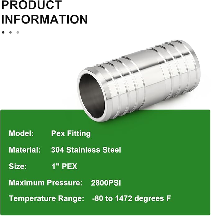 TAISHER 5PCS 304 Stainless Steel Pex Fittings, 1" Pex Coupling With 10PCS Hose Clamp For Pex Tubing Pipe