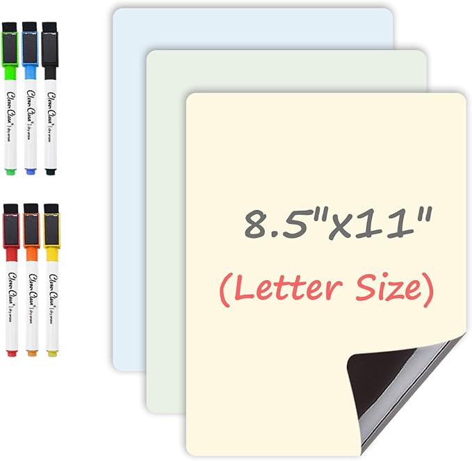 Magnetic Dry Erase Board - 8.5”x11” Dry Erase Whiteboard in 3 Colors - Reusable Blank Whiteboard for Fridge – 6 Dry Erase Markers Included