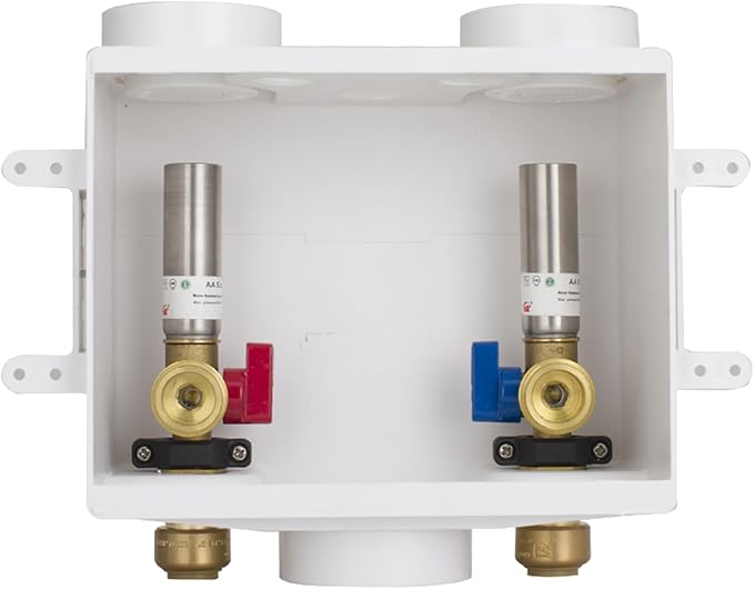 Washing Machine Outlet Box with Water Hammer Arrestor,1/2 Inch Push-fit Inlet Connection,3/4 Inch MHT Outlet Male Thread Connection, PEX Box with Center Drain, with 1/4-Turn Ball Valve